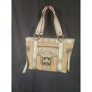 Coach Legacy Straw & Leather Satchel Tote Handbag Metallic Gold Cream M05K-113